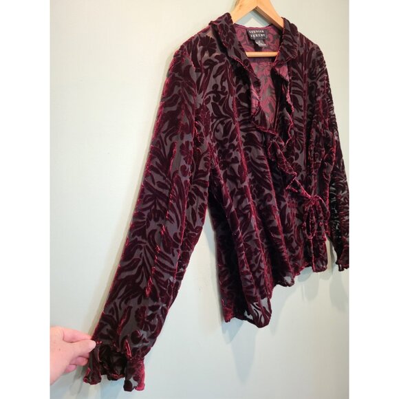 Vtg Burgundy Burnout Velvet Semi Sheer Ruffle Fairygrunge Wrap Top Sz 14 - Picture 3 of 7